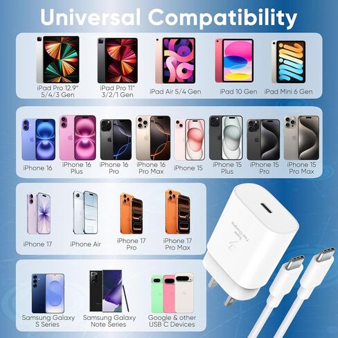 30W USB C FAST ARCHER COMPATION IPhone 16/16 Plus/16 Pro/16 Pro Max/iPhone 15/15 Pro Max/iPad Pro/AirPods ، PD USBC Fast Charging Clock Wall Slabe مع كابل من النوع C إلى C من النوع C إلى C ، 2 Pack in Kuwait