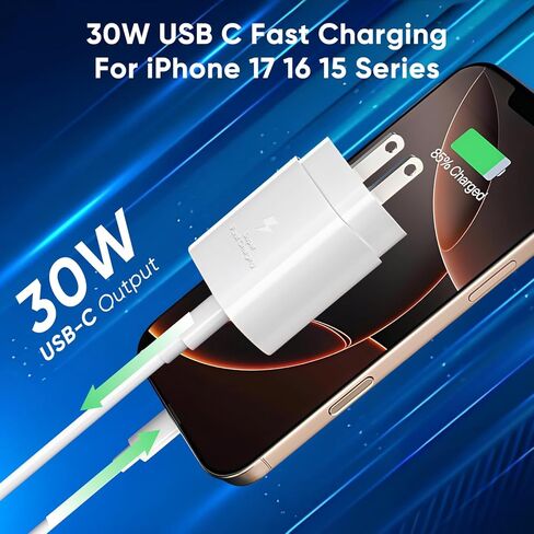 30W USB C FAST ARCHER COMPATION IPhone 16/16 Plus/16 Pro/16 Pro Max/iPhone 15/15 Pro Max/iPad Pro/AirPods ، PD USBC Fast Charging Clock Wall Slabe مع كابل من النوع C إلى C من النوع C إلى C ، 2 Pack in Kuwait