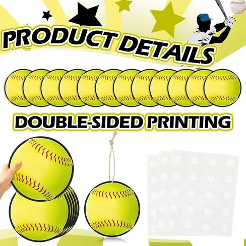 12 Pcs Softball Cutouts 10" with Rope Softball Party Decorations Hanging Banners Paper Fastpitch Cutouts for Sports Theme DIY Birthday Party Photo Prop Favors(Yellow and Green,Single) in Saudi Arabia