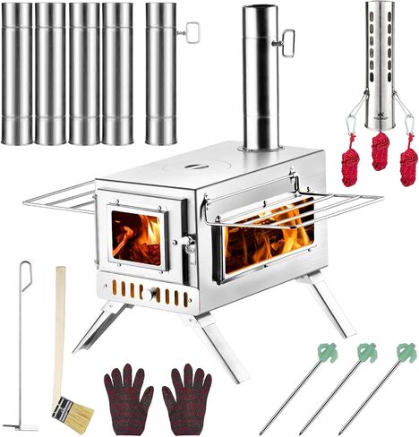 موقد خيمة ساخن ، موقد حرق الخشب ، موقد خشبي صغير مع 7 أنابيب مدخنة غير قابلة للصدأ للتدفئة والطهي في الهواء الطلق وصيد الجليد والصيد in Kuwait