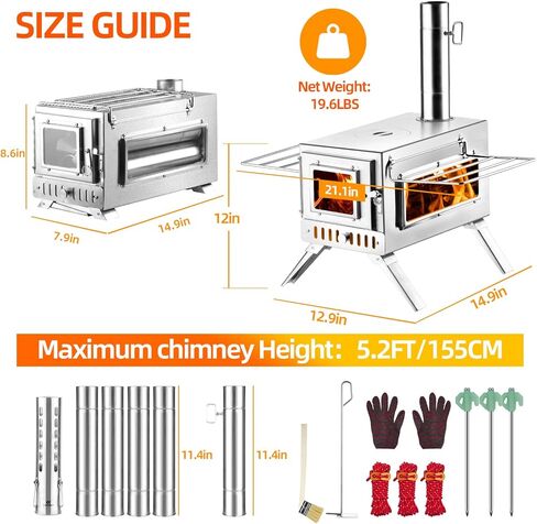 موقد خيمة ساخن ، موقد حرق الخشب ، موقد خشبي صغير مع 7 أنابيب مدخنة غير قابلة للصدأ للتدفئة والطهي في الهواء الطلق وصيد الجليد والصيد in Kuwait