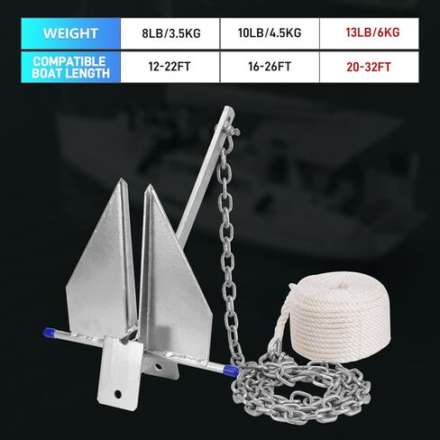 Heavy Duty Boat Anchor Kit, Fluke Style with Chain and Rope Set, Compatible with Pontoon, Deck, Fishing, and Sailboats, Galvanized Steel in Kuwait