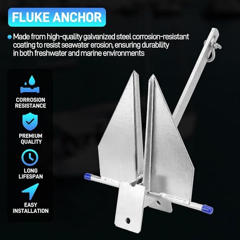 Heavy Duty Boat Anchor Kit, Fluke Style with Chain and Rope Set, Compatible with Pontoon, Deck, Fishing, and Sailboats, Galvanized Steel in Kuwait