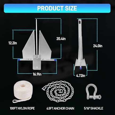Heavy Duty Boat Anchor Kit, Fluke Style with Chain and Rope Set, Compatible with Pontoon, Deck, Fishing, and Sailboats, Galvanized Steel in Kuwait