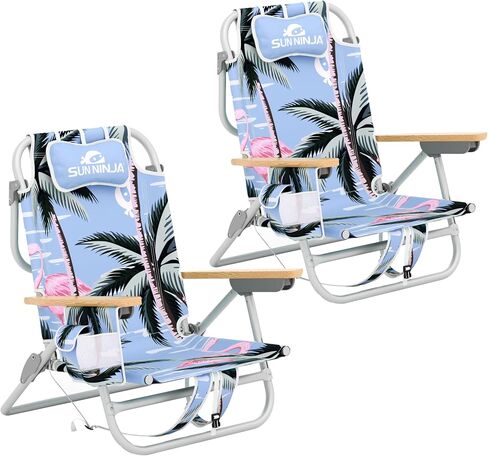 SUN NINJA Beach Chair – Folding Chair for Beach with 5 Reclining Positions, Cup & Phone Holder, Insulated Back Storage Pouch, Portable Lightweight Aluminum Frame – Palm Tree 1pc in Saudi Arabia