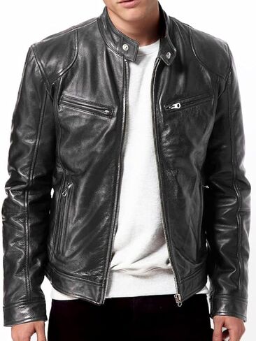 DECIMAL Men's Black Genuine Lambskin Leather Biker Jacket VINTAGE REAL BROWN MOTORCYCLE JACKETS FOR MEN (US, Alpha, Small, Regular, Regular, BLACK R) in Kuwait