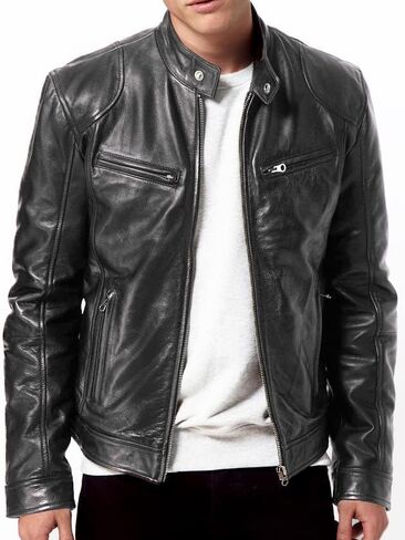 DECIMAL Men's Black Genuine Lambskin Leather Biker Jacket VINTAGE REAL BROWN MOTORCYCLE JACKETS FOR MEN (US, Alpha, Small, Regular, Regular, BLACK R) in Kuwait