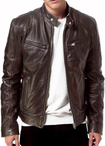 DECIMAL Men's Black Genuine Lambskin Leather Biker Jacket VINTAGE REAL BROWN MOTORCYCLE JACKETS FOR MEN (US, Alpha, Small, Regular, Regular, BLACK R) in Kuwait