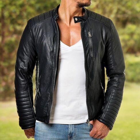 DECIMAL Men's Black Genuine Lambskin Leather Biker Jacket VINTAGE REAL BROWN MOTORCYCLE JACKETS FOR MEN (US, Alpha, Small, Regular, Regular, BLACK R) in Kuwait