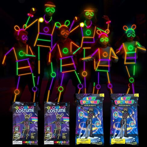 Lewtemi 8 Set Glow Stick Figure Costume, 612 Pcs Light up Stick Figure Costume, Glow in the Dark Outfits, Include Eyeglasses, Earring, Rings, Badge for Halloween Birthday Party Supplies in Saudi Arabia