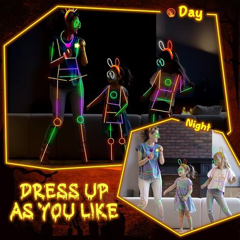 Lewtemi 8 Set Glow Stick Figure Costume, 612 Pcs Light up Stick Figure Costume, Glow in the Dark Outfits, Include Eyeglasses, Earring, Rings, Badge for Halloween Birthday Party Supplies in Saudi Arabia