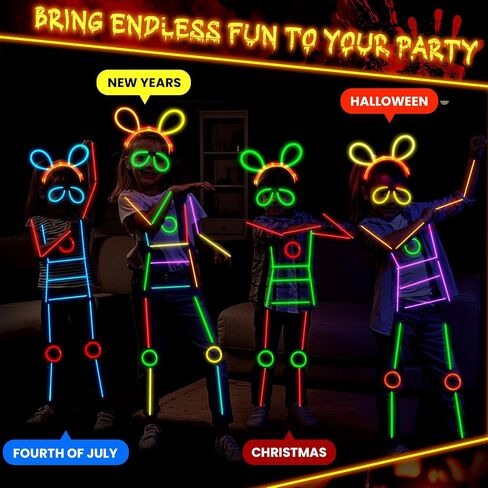 Lewtemi 8 Set Glow Stick Figure Costume, 612 Pcs Light up Stick Figure Costume, Glow in the Dark Outfits, Include Eyeglasses, Earring, Rings, Badge for Halloween Birthday Party Supplies in Saudi Arabia