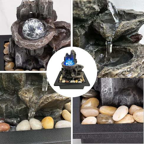 Indoor Tabletop Water Fountain, 3 Tier Lotus Leaf Desktop Fountain with ON/Off Switch and Natural River Rocks, Zen Relaxation for Office Living Room Bedroom Décor (D) in Saudi Arabia