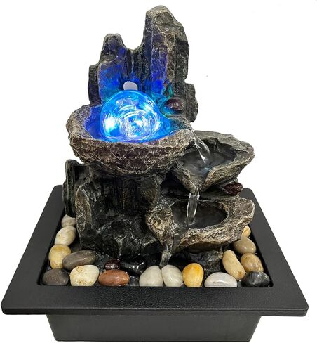 Indoor Tabletop Water Fountain, 3 Tier Lotus Leaf Desktop Fountain with ON/Off Switch and Natural River Rocks, Zen Relaxation for Office Living Room Bedroom Décor (D) in Saudi Arabia
