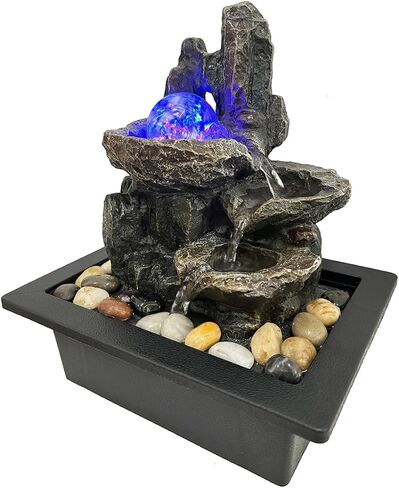 Indoor Tabletop Water Fountain, 3 Tier Lotus Leaf Desktop Fountain with ON/Off Switch and Natural River Rocks, Zen Relaxation for Office Living Room Bedroom Décor (D) in Saudi Arabia