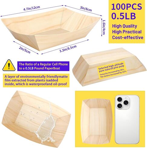 MotBach 100 Pack 3Lb Paper Food Boat Trays Disposable Paper Boat Containers, Wood Grain Kraft Food Serving Tray Boats Plates for Snack Popcorn Dessert Hot Dog Sandwich Burger Taco Fries Nacho in Saudi Arabia