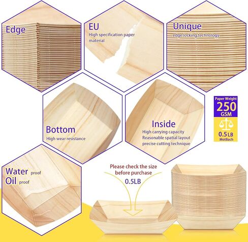 MotBach 100 Pack 3Lb Paper Food Boat Trays Disposable Paper Boat Containers, Wood Grain Kraft Food Serving Tray Boats Plates for Snack Popcorn Dessert Hot Dog Sandwich Burger Taco Fries Nacho in Saudi Arabia