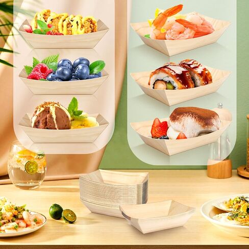 MotBach 100 Pack 3Lb Paper Food Boat Trays Disposable Paper Boat Containers, Wood Grain Kraft Food Serving Tray Boats Plates for Snack Popcorn Dessert Hot Dog Sandwich Burger Taco Fries Nacho in Saudi Arabia