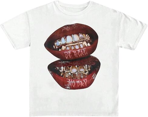 Verdusa Women's Lips Print Graphic Tees Y2k T Shirts Summer Crew Neck Vintage Going Out Tops in Saudi Arabia