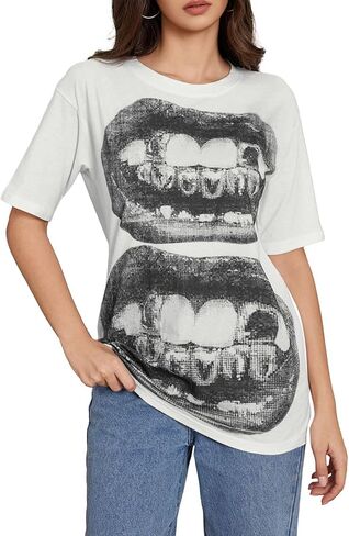 Verdusa Women's Lips Print Graphic Tees Y2k T Shirts Summer Crew Neck Vintage Going Out Tops in Saudi Arabia