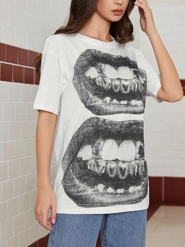 Verdusa Women's Lips Print Graphic Tees Y2k T Shirts Summer Crew Neck Vintage Going Out Tops in Saudi Arabia