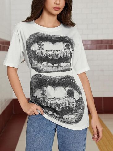 Verdusa Women's Lips Print Graphic Tees Y2k T Shirts Summer Crew Neck Vintage Going Out Tops in Saudi Arabia