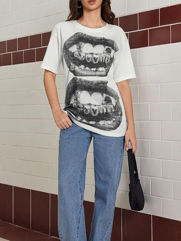 Verdusa Women's Lips Print Graphic Tees Y2k T Shirts Summer Crew Neck Vintage Going Out Tops in Saudi Arabia