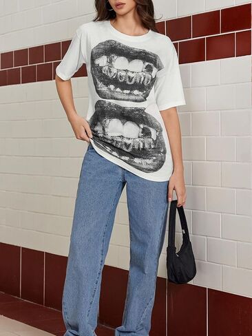 Verdusa Women's Lips Print Graphic Tees Y2k T Shirts Summer Crew Neck Vintage Going Out Tops in Saudi Arabia