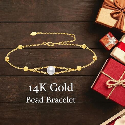 14K الذهب الصلب قطع الماس حبة سوار للنساء، الذهب الأصفر محطة الكرة أساور رقيقة خلخال الذكرى السنوية عيد الميلاد عيد ميلاد الأم مجوهرات هدايا لأمي زوجة لها 6.5 '' + 1 '' + 1 '' in Kuwait