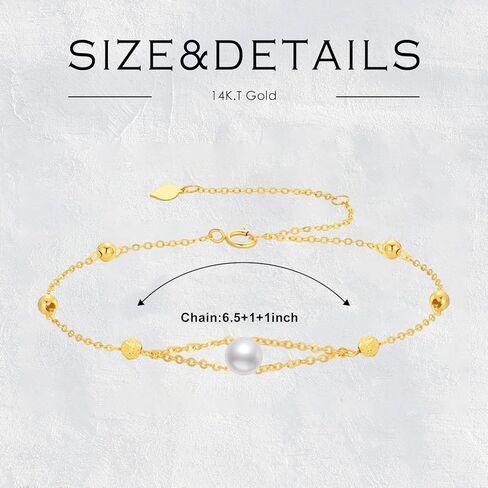 14K الذهب الصلب قطع الماس حبة سوار للنساء، الذهب الأصفر محطة الكرة أساور رقيقة خلخال الذكرى السنوية عيد الميلاد عيد ميلاد الأم مجوهرات هدايا لأمي زوجة لها 6.5 '' + 1 '' + 1 '' in Kuwait