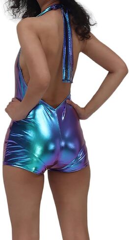 Metallic Romper Halter Neck One Piece Sleeveless Rave Disco Club Wear Retro Backless Jumpsuits for Women Outfit in Saudi Arabia