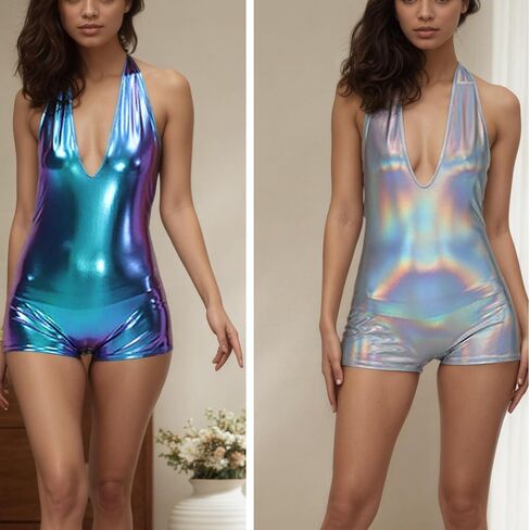 Metallic Romper Halter Neck One Piece Sleeveless Rave Disco Club Wear Retro Backless Jumpsuits for Women Outfit in Saudi Arabia