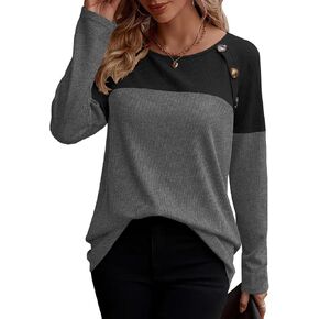 Zeagoo Women Waffle Knit Shirts Long Sleeve Colorblock Tee Button Detail Tunics in Saudi Arabia