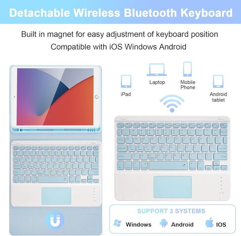 SOPPY Bluetooth Keyboard Case with Touchpad for iPad 9th Gen 2021, 8th Gen 2020, 7th Gen 2019 10.2", Air 3 & Pro 10.5", Detachable Wireless Keyboard, Slim Protective Cover, Rechargeable, Black in Kuwait