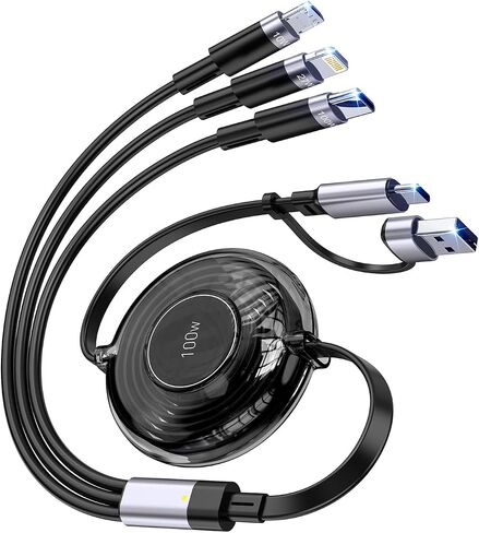 100W 6-in-1 Retractable Multi Charging Cable, USB C/Lightning/Micro Multi Charger Cords for iPhones, iPads, MacBook, Tablets, Galaxy, Note & More - 4Ft/1.2M 5A Fast Charging, Durable & Portable, Pink in Kuwait