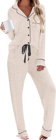 HNG Pajamas For Women Set 2 Piece Pjs Set Long Sleeve Button Up Lounge Set Sleep Wear With Pockets in Saudi Arabia