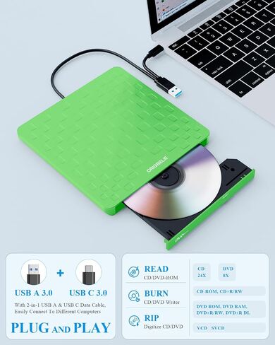 External CD DVD Drive for Laptop, USB 3.0 Type-C Ultra Slim 13mm DVD Player Portable CD DVD +/-RW Drive CD Burner Reader Writer Recorder for Desktop PC Windows 11/10/8/7 Linux Mac OS (Blue) in Kuwait
