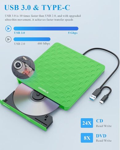 External CD DVD Drive for Laptop, USB 3.0 Type-C Ultra Slim 13mm DVD Player Portable CD DVD +/-RW Drive CD Burner Reader Writer Recorder for Desktop PC Windows 11/10/8/7 Linux Mac OS (Blue) in Kuwait