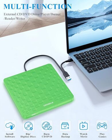 External CD DVD Drive for Laptop, USB 3.0 Type-C Ultra Slim 13mm DVD Player Portable CD DVD +/-RW Drive CD Burner Reader Writer Recorder for Desktop PC Windows 11/10/8/7 Linux Mac OS (Blue) in Kuwait