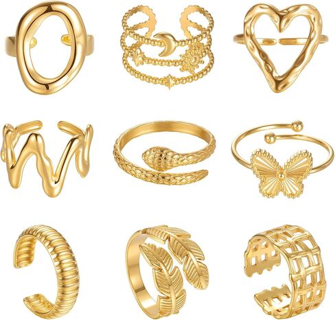 Betty & Sarah 9pcs حلقات الذهب للنساء غير المشوهة ، و 18K مطلي بالذهب حلقات قابلة للتكديس قابلة للتكديس ، وفتح هدايا خاتم المفاصل in Kuwait
