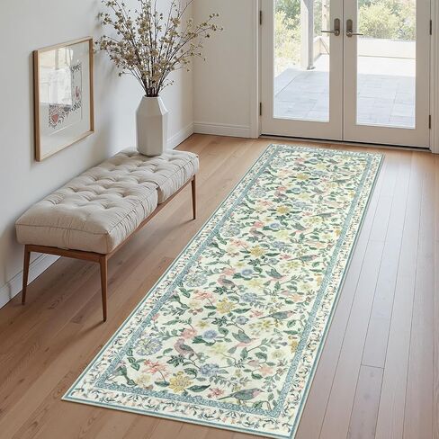 Floral Washable Runner Rug, 2x6 Pink Rug Runners for Hallways Non-Slip, Soft Low Pile Flower Birds Bathroom Runner Rug Botanical Throw Carpet for Kitchen Laundry Entryway Porch in Saudi Arabia