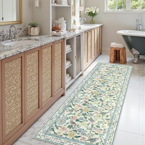 Floral Washable Runner Rug, 2x6 Pink Rug Runners for Hallways Non-Slip, Soft Low Pile Flower Birds Bathroom Runner Rug Botanical Throw Carpet for Kitchen Laundry Entryway Porch in Saudi Arabia