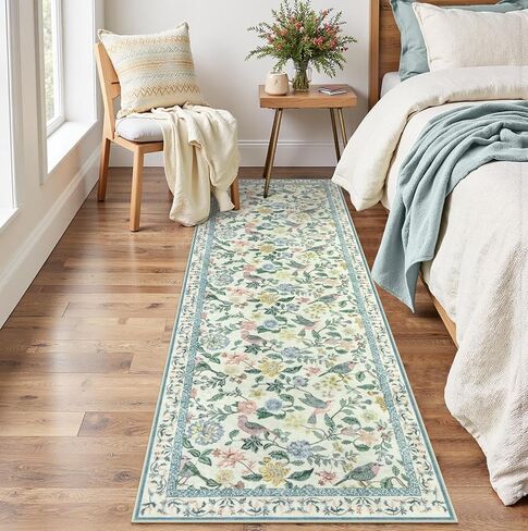 Floral Washable Runner Rug, 2x6 Pink Rug Runners for Hallways Non-Slip, Soft Low Pile Flower Birds Bathroom Runner Rug Botanical Throw Carpet for Kitchen Laundry Entryway Porch in Saudi Arabia
