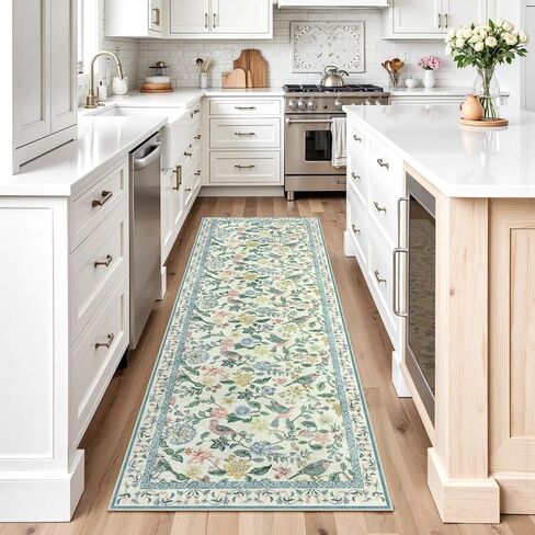 Floral Washable Runner Rug, 2x6 Pink Rug Runners for Hallways Non-Slip, Soft Low Pile Flower Birds Bathroom Runner Rug Botanical Throw Carpet for Kitchen Laundry Entryway Porch in Saudi Arabia
