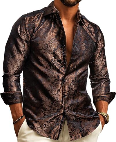 Barry.Wang Men's Floral Button Up Shirts Silk Long Sleeve Dress Shirt Satin Paisley Casual Party Wedding Western Prom Costume in Saudi Arabia