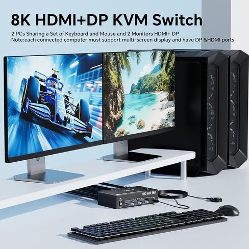 8K HDMI KVM Switch 1 شاشات 2 Computers دعم 8K@60Hz 4K@120Hz ، USB 3.0 HDMI KVM Switches Share 1 Monitor و 3 أجهزة USB ، عن بعد السلكية ، محول الطاقة 12 فولت و 2 USB3.0 كابلات. in Kuwait