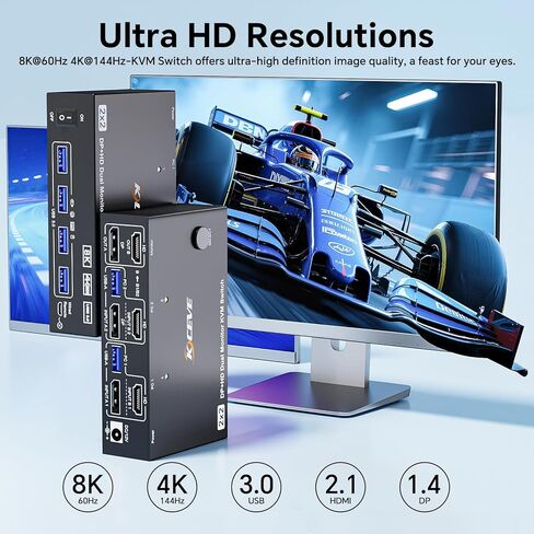 8K HDMI KVM Switch 1 شاشات 2 Computers دعم 8K@60Hz 4K@120Hz ، USB 3.0 HDMI KVM Switches Share 1 Monitor و 3 أجهزة USB ، عن بعد السلكية ، محول الطاقة 12 فولت و 2 USB3.0 كابلات. in Kuwait