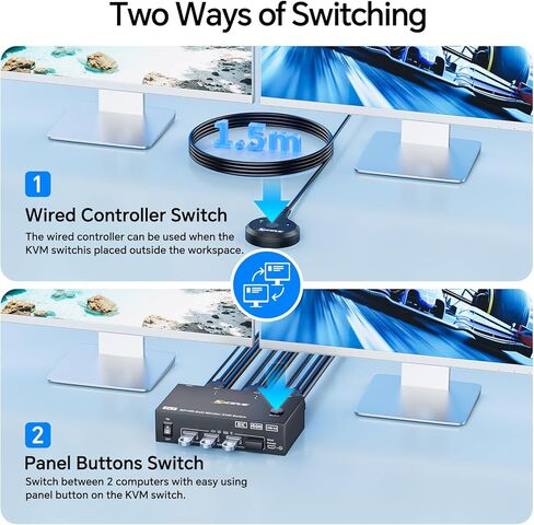 8K HDMI KVM Switch 1 شاشات 2 Computers دعم 8K@60Hz 4K@120Hz ، USB 3.0 HDMI KVM Switches Share 1 Monitor و 3 أجهزة USB ، عن بعد السلكية ، محول الطاقة 12 فولت و 2 USB3.0 كابلات. in Kuwait