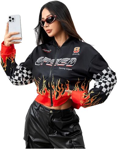 Floerns Women's Letter Racing Motorcycle Coat Drop Shoulder Bomber Jacket Outerwear in Saudi Arabia