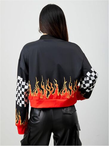 Floerns Women's Letter Racing Motorcycle Coat Drop Shoulder Bomber Jacket Outerwear in Saudi Arabia